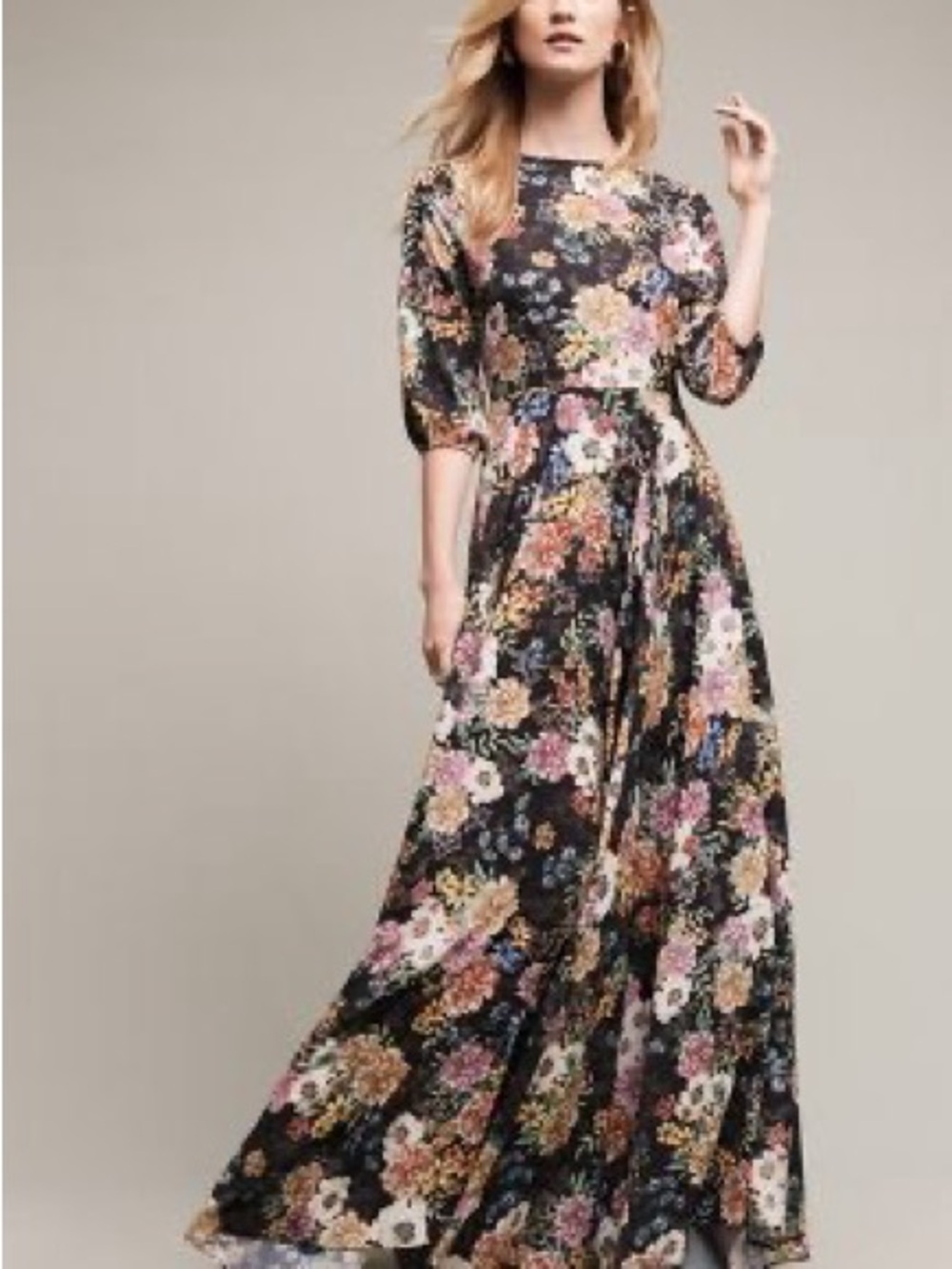 Yumi Kim Black Floral Maxi Dress with Puff Sleeves